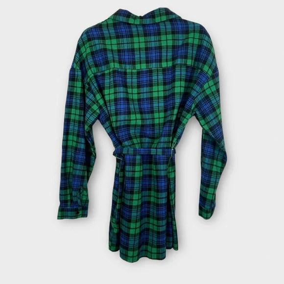 SHEIN Plaid Shirt Dress Women’s Medium Green Blue Button Down Belted Tunic - Picture 3 of 6